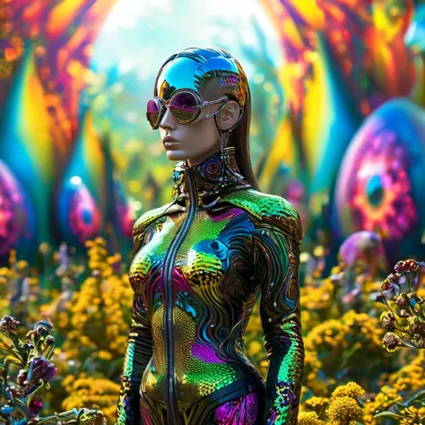 a close up of a woman in a body suit standing in a field of flowers