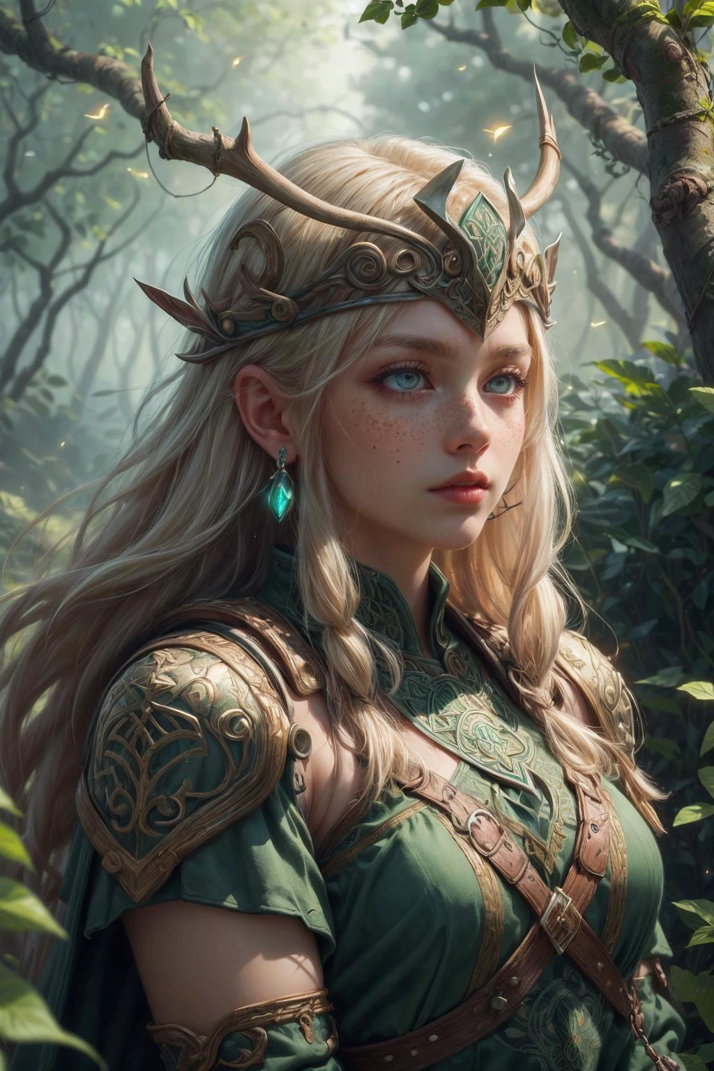 (masterpiece, best quality:1.4), (beautiful, aesthetic, perfect, delicate, intricate:1.2), 1 girl, adult russian woman, freckles, blue eyes, platinum blonde medium hair,
Style-GravityMagic, portrait, solo, (full body:0.6), looking up, detailed background, detailed face, (CeltPunkAI,  barbarian celtic theme:1.1)  verdant-warrior, nature themed armor, blending of treebark with armor,   vine helm, green magical lights, dynamic pose, vigilant, nature runes, glowing natural markings on skin, lit-up  renewal inscriptions etched in armor,  magical plant growth, vibrant branches in background, summer, fireflies, windblown leaves, sidelighting, mystical atmosphere,