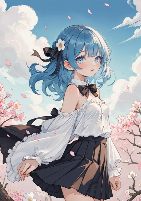 masterpiece, best quality, ultra-detailed, illustration, 1 girl, solo, an extremely delicate and beautiful, little girl, beautiful detailed sky, beautiful detailed eyes, side blunt bangs, hairs between eyes, ribbons, bowties, bare shoulders, small breasts, blank stare, pleated skirt, close to viewer, breeze, Flying splashes, Flying petals, wind, forest, epic clouds, (fine fabric emphasis:1.4),(watercolor:0.6), black eyes, blue hair,  <lora:realistic:0>