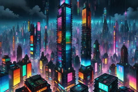 mad_colorful_checkers tall highrise in the center of wide cyberpunk sprawling cityscape, smoke, night, rain, hologram <lora:EnvyKyotopunkXL01:0.8> kyotopunk,  <lora:Colorful_Checker_SDXL:0.8>, (masterpiece:1.2), best quality, (hyperdetailed, highest detailed:1.2), high resolution textures, <lora:EnvyBetterHiresFixXL01:1>