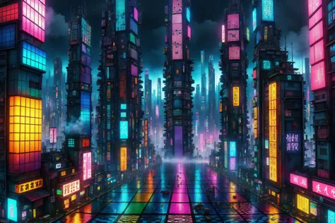 a city with neon lights and neon buildings in the background