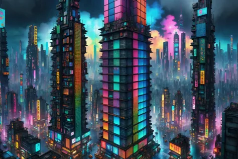 mad_colorful_checkers tall highrise in the center of wide cyberpunk sprawling cityscape, smoke, night, rain, hologram <lora:EnvyKyotopunkXL01:0.8> kyotopunk,  <lora:Colorful_Checker_SDXL:0.8>, (masterpiece:1.2), best quality, (hyperdetailed, highest detailed:1.2), high resolution textures, <lora:EnvyBetterHiresFixXL01:1>