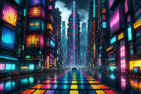 mad_colorful_checkers tall highrise in the center of wide cyberpunk sprawling cityscape, smoke, night, rain, hologram <lora:EnvyKyotopunkXL01:0.8> kyotopunk,  <lora:Colorful_Checker_SDXL:0.8>, (masterpiece:1.2), best quality, (hyperdetailed, highest detailed:1.2), high resolution textures, <lora:EnvyBetterHiresFixXL01:1>