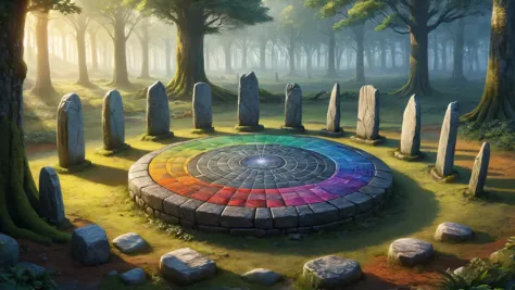 photorealistic detailed digital illustration of a circle of mad_colorful_checkers standing stones,  Crystalline forests resonati...