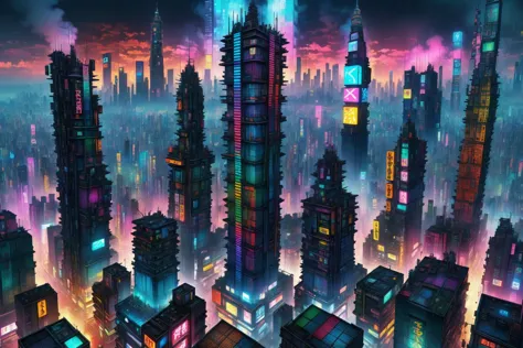 mad_colorful_checkers tall highrise in the center of wide cyberpunk sprawling cityscape, smoke, night, rain, hologram <lora:EnvyKyotopunkXL01:0.8> kyotopunk,  <lora:Colorful_Checker_SDXL:0.8>, (masterpiece:1.2), best quality, (hyperdetailed, highest detailed:1.2), high resolution textures, <lora:EnvyBetterHiresFixXL01:1>