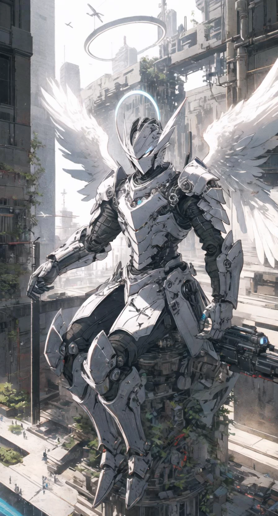 mechangel, wings, solo, sitting,armor, halo, building, mechanical wings 