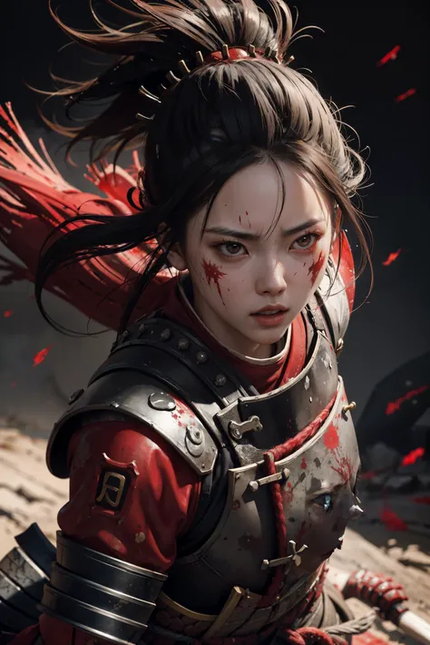 1 japanese female samurai, blood splatters, intense look, battle stance ...