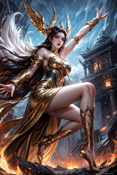 Greek mythology, female god, action pose, dynamic shot, battle field background, 
<lora:add_detail:1>,