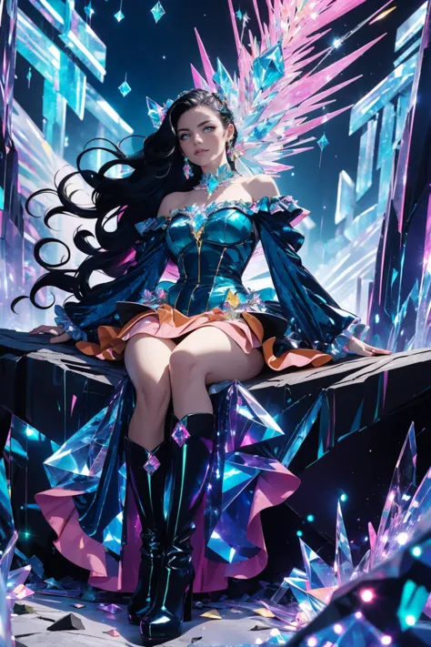 (by Kristof Serrand:1.3), sitting on a rocky overlook, canyon, wooded trail, full body, eyeliner, (long black hair), curvy, wearing dr3ss, dress, blue crushed velvet, skirt, bow, ribbon, chest jewel, long sleeves, red high heel boots, <lora:Outfit_soph-CrushedVelvetDress:0.8>, dr3ss, (red, orange, yellow, pink, Latex glitch emerald crystal dress), emerald crystal bodice, form-fitting, corruption, jewelry, choker, full length skirt, frills, off shoulder, sleeves, <lora:Outfit_soph-GlitchDress-Fixed:0.8>, glitch sky, ascending into flight