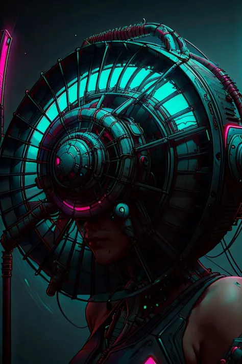 a woman with a large fan on her head and a neon light