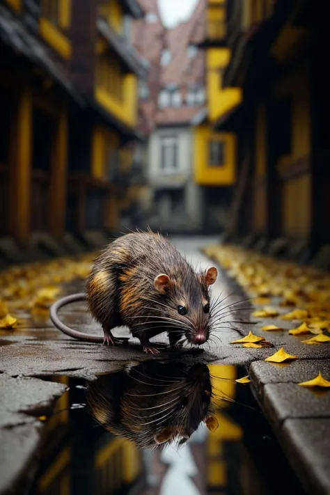 a close up of a rat on a street with leaves