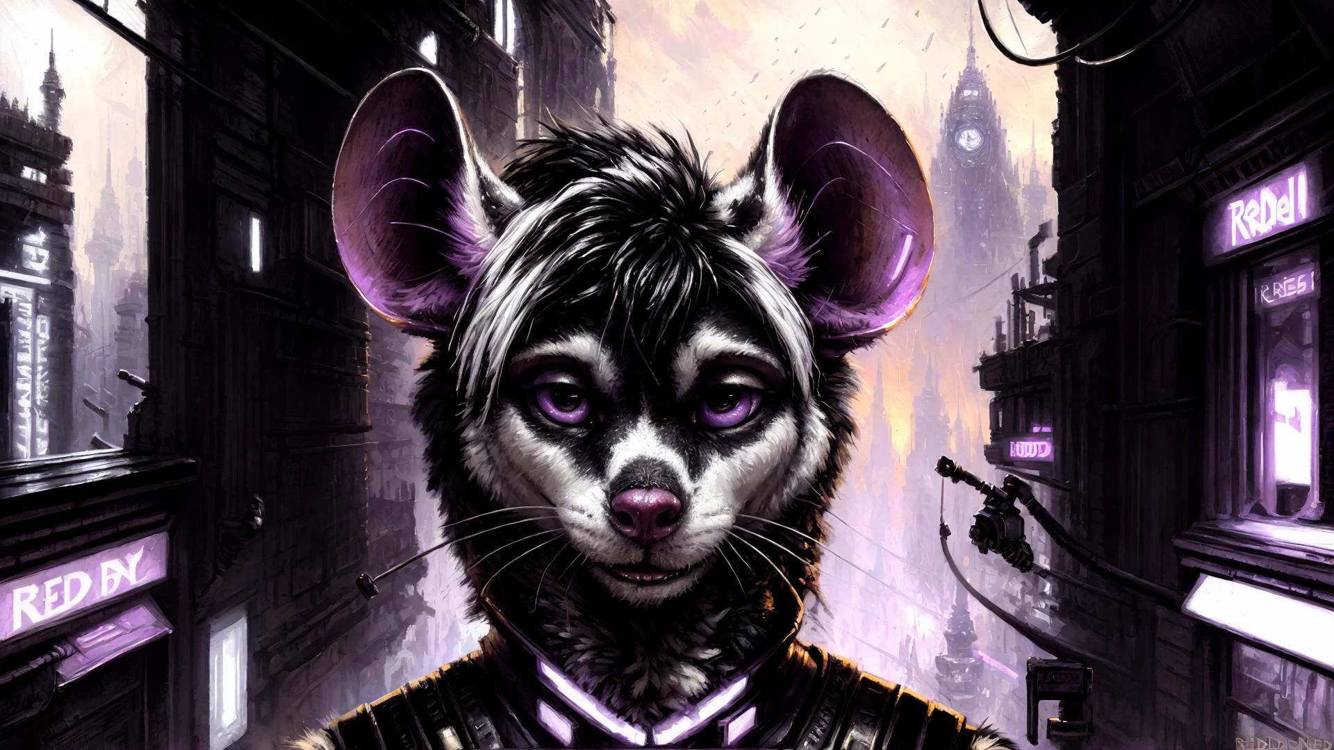 detailed background cyberpunk, masterpiece, detailed, colors(black and white:1.2)and violet, scene, portrait, face closeup, mouse, realistic fur, detailed eyes, (by kenket, by redmoa, by braeburned)