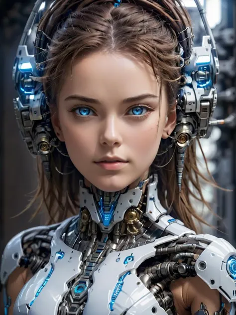 a woman in a futuristic suit with headphones and a blue eye