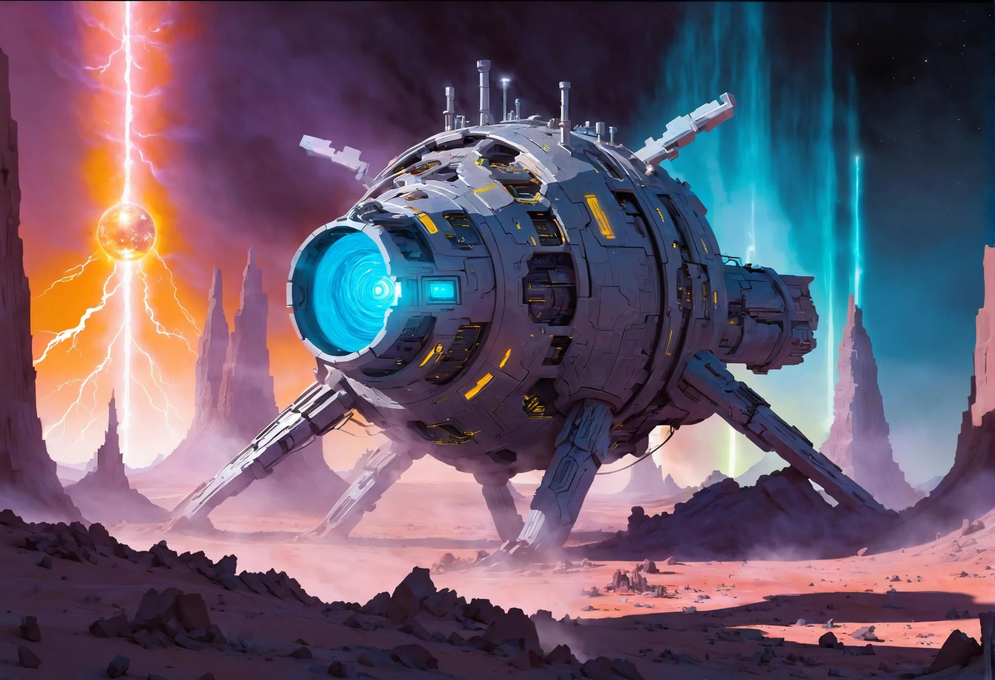 Science-Fiction-Digitalmalerei einer apokalyptischen Maschine in einer Sonnenstrahlungszone