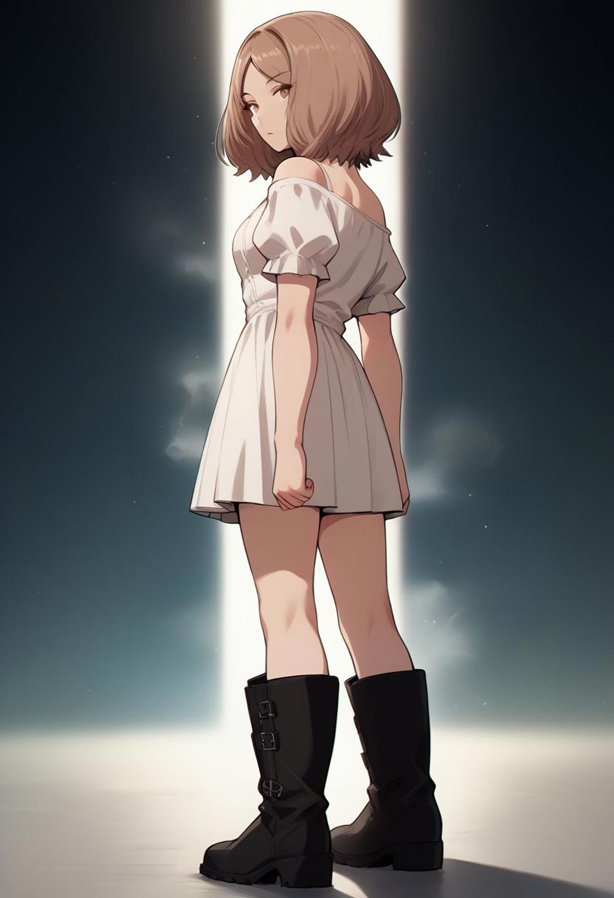 A woman in a short dress and boots standing in front of a light - SeaArt AI