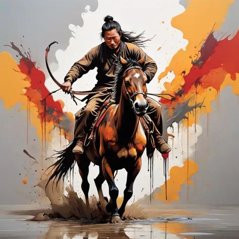 painting of a man riding a horse with a bow and arrow