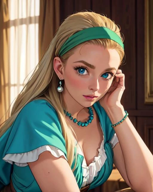 masterpiece, best quality, 8k,  serenadq, 1girl, blonde_hair, forehead, (hair_pulled_back:1.3), long_hair, blue_eyes, green_hairband, (nude:1.2), beads, pearl_necklace, earrings, corneo_covering_breasts_arms_crossed, shy, blush, looking_at_viewer, bedroom, upper body, 