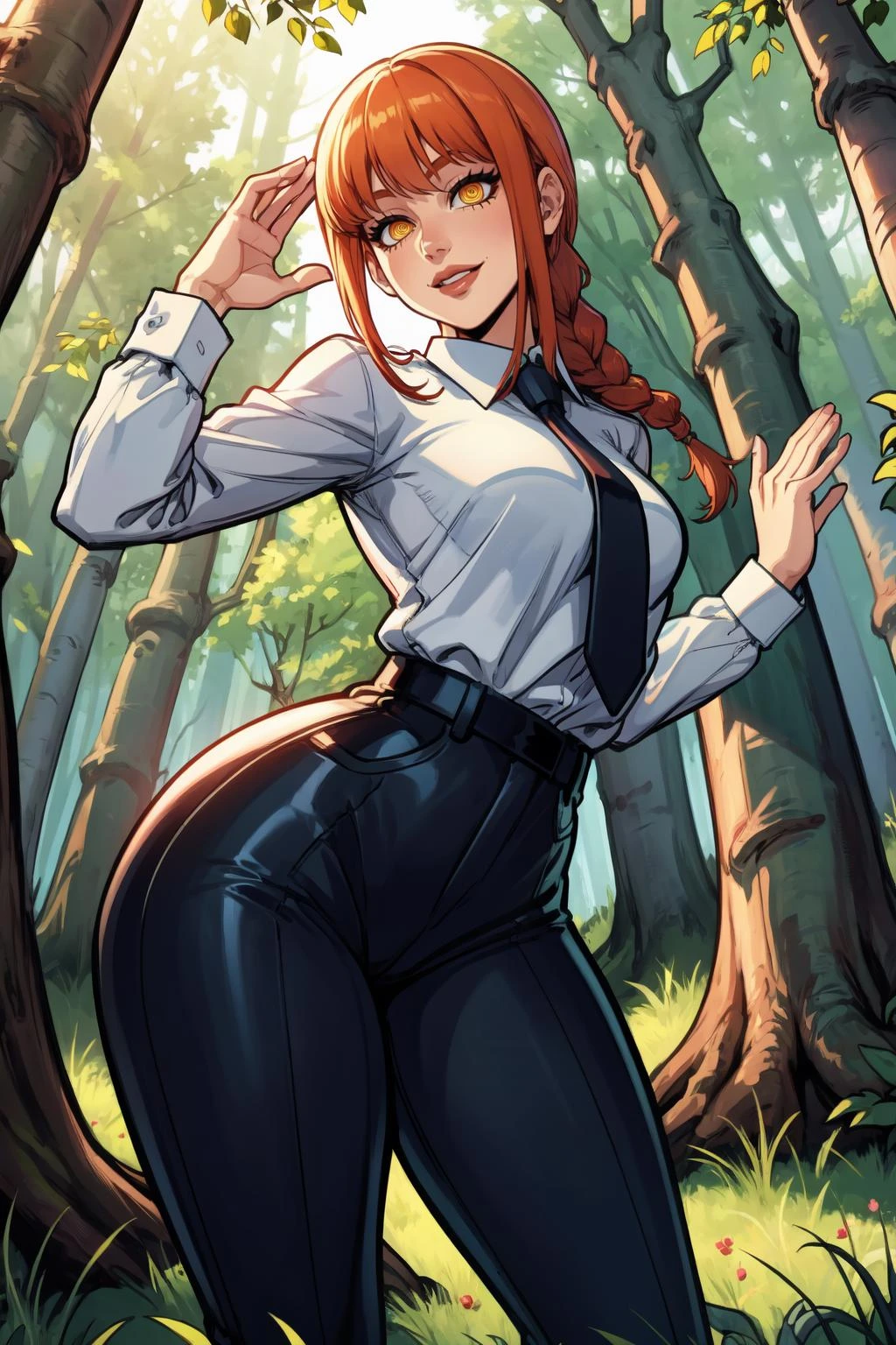 1girl, (solo:1.2), (dynamic pose:1.4), curvy, (masterpiece:1.2), (best quality:1.2), (perfect anatomy:1.4), (standing:1.4), (confident:1.2), smile, sfw, safe for work
reiq, (large breasts:1.2), (cowboy shot:1.2), makima, long hair, smile, bangs, (yellow eyes:1.2), braid, red hair, braided ponytail, ringed eyes, shirt, long sleeves, white shirt, necktie, collared shirt, pants, black pants, formal, suit, black necktie, shirt tucked in, office lady, (inside forest:1.3), (birch trees:1.2), daylight, light coming through trees,