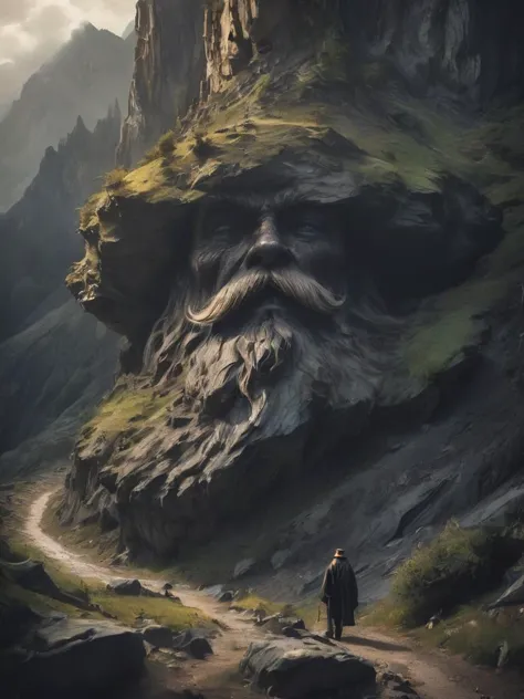 a strange looking mountain that has a chiseled beard and a mustache , deep shadows,  (landscape focus:1.1), <lora:- SDXL - brdan...