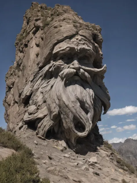 surreal, a strange looking mountain that has a weird chiseled rocky beard and a chiseled rocky mustache uncanny, deep shadows, r...