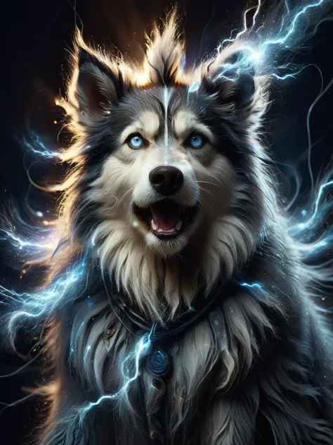 depiction of a confused ral-elctryzt bearded husky with a bad-hair day, static, blue eyes, intricate lighting, global illuminati...