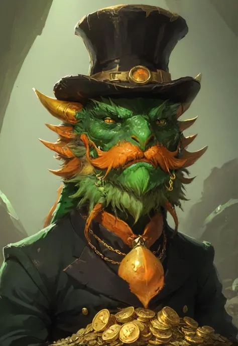 a suspicious green dragon sporting an orange-colored beard and mustache and wearing a black top hat is lying in a pile of (gold ...