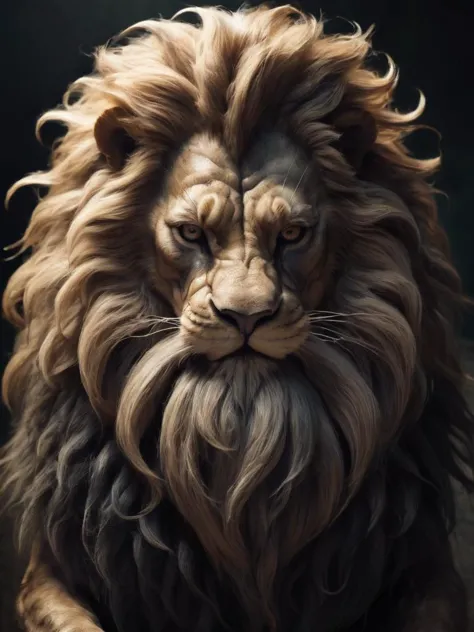 a strange looking lion that has a beard and a mustache, the lion is in dire need for a shave, deep shadows, cartoon, illustratio...