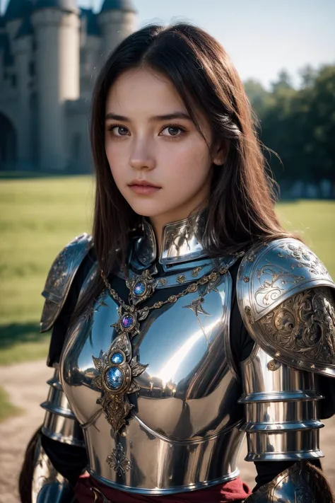 A portrait of a girl wearing medieval armor, jewelry, metal reflections, upper body, intense sunlight, far away castle, professi...