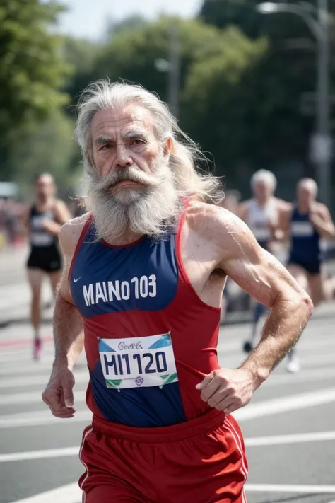 An elderly hippie man running, muscular, athletic, beard, moustache, wet messy hair, sweat stains, marathon race, vintage Olympics dress, cinematic photo