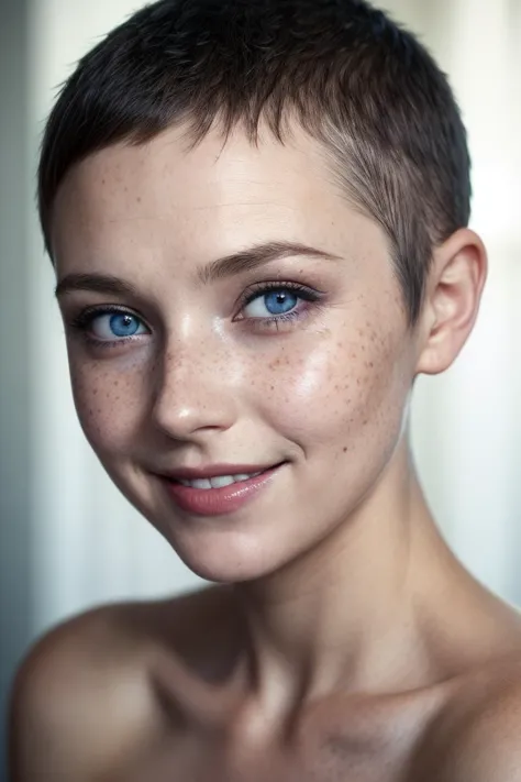 eine schöne Dame, Sommersprossen, großes Lächeln, blaue Augen, Buzzcut-Haare, dunkles Make-up, sanftes Licht, Kopf- und Schulterporträt