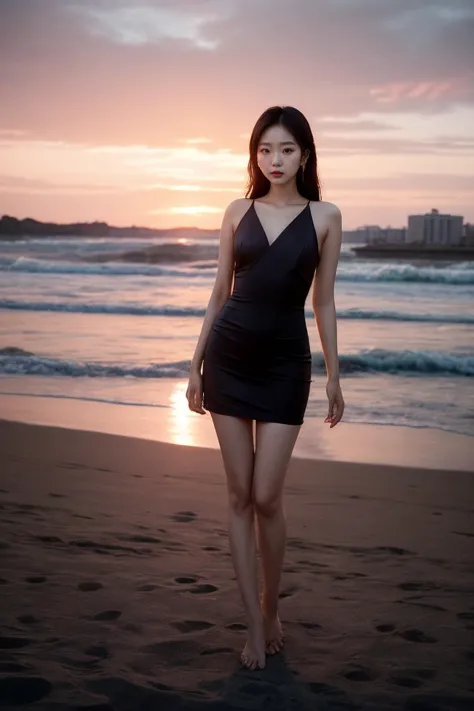 An [adult Korean fashion model[ | Lee Sung-kyung | Irene Kim:2]], long legs, tiny tight dress, sunset, bare feet, subsurface scattering, romantic, dramatic