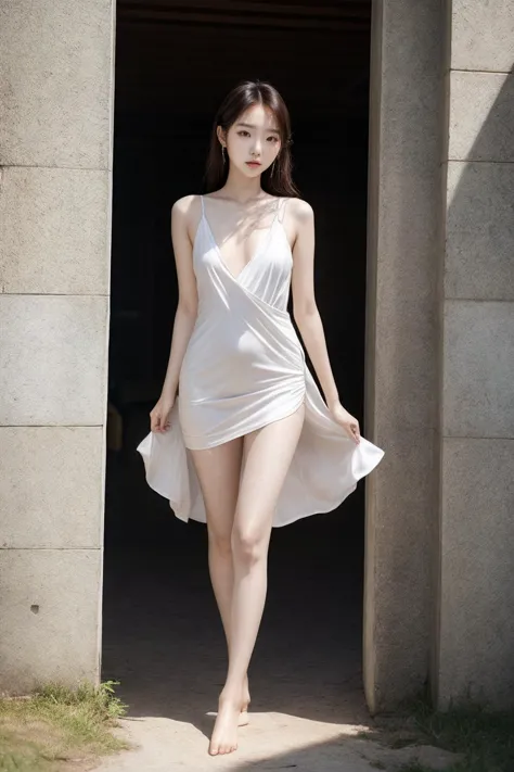 An [adult Korean fashion model[ | Lee Sung-kyung | Irene Kim:2]], long legs, tiny tight dress, sunshine, bare feet, subsurface scattering, romantic, dramatic