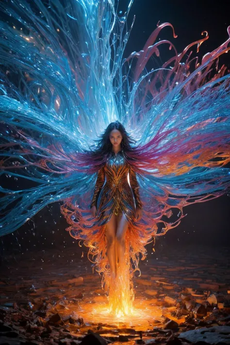 [style of Noah Bradley : real life photo : 0.75],
[(charming adult African woman) | Alek Wek  | Tyra Banks], water streams, chain lightning, fire tornado, liquid hair, [fractal art:0], [chaotic particles:1], [intricate colorful fusion:1], [paper craft:3], from above