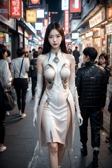 A slender adult South Korean fashion model wearing [short liquid sundress : biomechanical armor : 7],
wide Seoul street, evening,
romantic, dramatic, real life photo, film grain,
[[Yoon Young Bae | Lee Sung-kyung]:2]