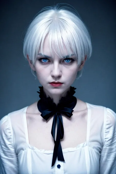 an evil demonic woman,
white hair, blue eyes, short messy hair,
arrogant mood,
analog photo