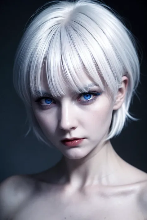 an evil demonic woman,
white hair, blue eyes, short messy hair,
arrogant mood,
analog photo