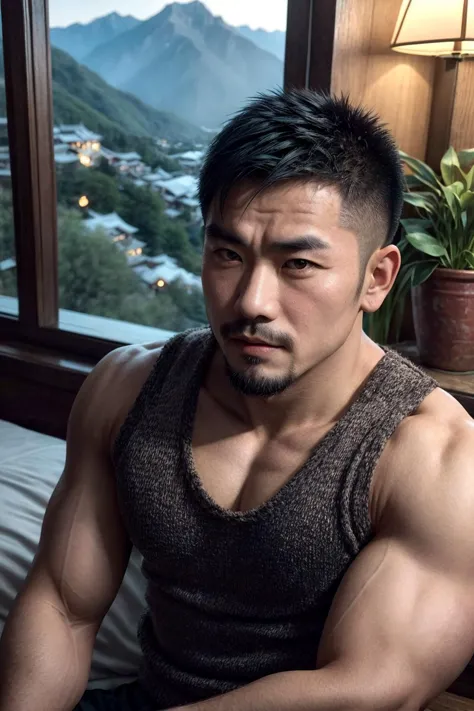 [photo :0.125]
portrait of a gruff muscular Chinese man wearing stylish clothes in a cozy mountain inn overlooking a valley, manly, athletic, stubble, arm hair, rule of thirds, flowers and plants, sharp focus, cinematic lighting