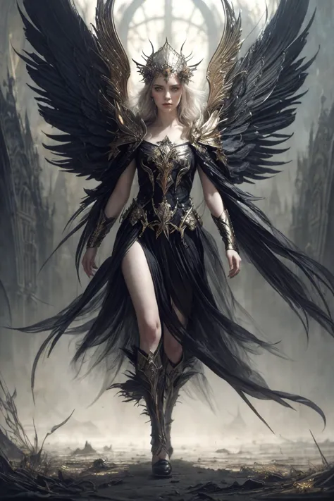 An Angel of the Apocalypse, biblical, dramatic facial expression, walking forward, determined, epic,
style of Karol Bak,
style of Tom Bagshaw,
style of Anne Bachelier,
masterpiece of charcoal drawing