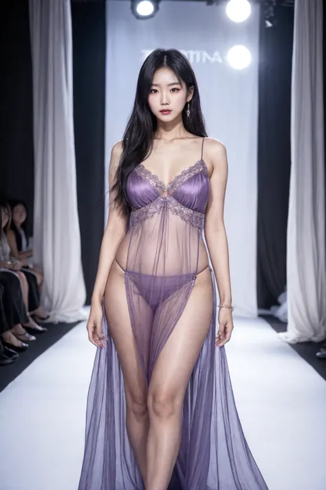 A well lit [tall Asian model | ulzzang] wearing a nightgown,
long pelvic curtains and side slits exposes her narrow waist, wide bare hips and thick thighs, jewelry,
fashion show, catwalk walkway,
sharp focus,