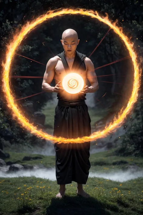 A Shaolin monk acting,
Qi explosion, spirit barrier, mystique energy, Prana streams, Yin yang balance,
volumetric fog,
bald, meadow,