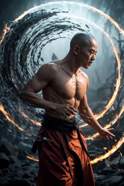 Ein Shaolin-Mönch in Aktion,
Qi-Explosion, komplizierter Elementarsturm, Yin der Hurrikan, Prana-Ströme, Geisterbarriere, Zerbrochene Realität,
Volumetrischer Nebel,
[Kampfkunstfilm : Foto : 0.3]