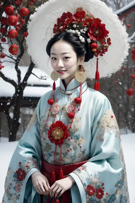 A picture of a smiling [charming adult woman : [Tang Wei | Zhang Jingchu] : 0.2] wearing Chinese clothes, jewelry, peony flowers, hair ornament,
outdoors, nature, snowing,
happy, romantic, gongbi color ink style
<lora:white qipao:0.75>
