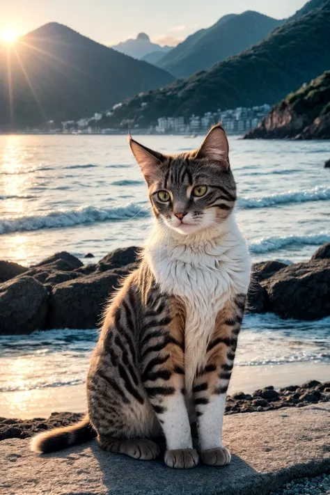 A cat, short fur, dynamic posture, glistening, 
outdoors, mountainous horizon, sunrise, ocean,
feeling peaceful and happy, soft ...