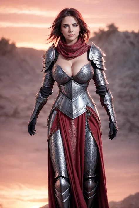A feminine knight, sparkling eyes, natural makeup, chain mail Faulds, short messy windy hair, gigantic breasts, cleavage, intricately engraved full body armor, red scarf, red sky, at sunset, dynamic pose, [style of Karol Bak : film grain, real life photo :...