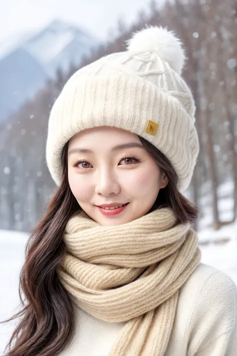 A charming Chinese adult woman, natural makeup, sweater, ski hat, scarf, snowy background, amateur photo, natural skin