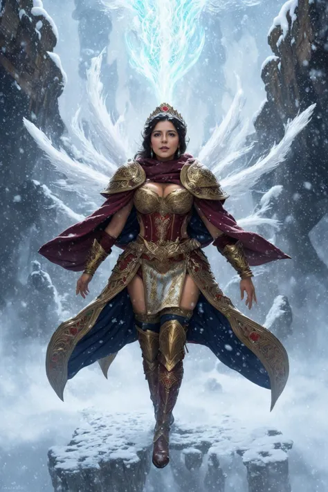 A charming adult Mexican woman casting an epic snowstorm, fantasy artwork, impressive painting
