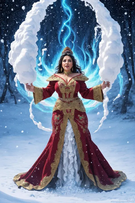 A charming adult Mexican woman casting an epic snow tornado, fantasy artwork, impressive painting