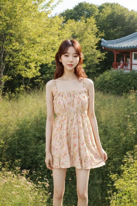 [sweet dreams about : analog photo of:0.5]
a feminine Korean fashion model [:romantic [Lee Sung-kyung | Irene Kim]:0.25],
natural makeup, tiny dress, long legs,
sunny, outdoors