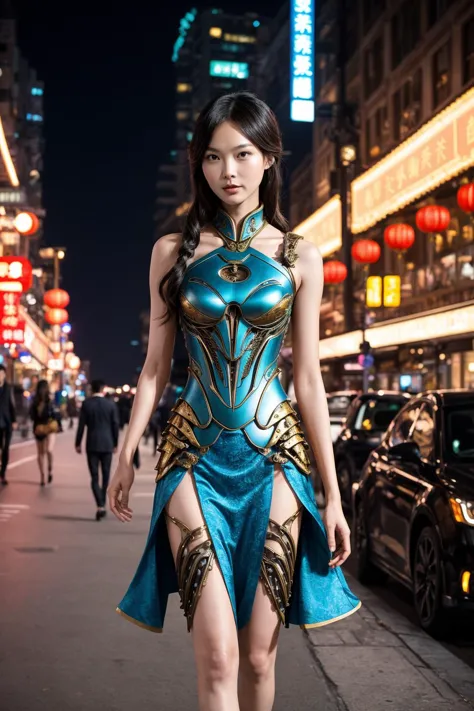 An adult Chinese fashion model wearing [short liquid sundress : elegant biomechanical armor :0.35],
an evening city street,
romantic, real life photo, film grain,
[[Sui He | Fei Fei Sun]:0.1]