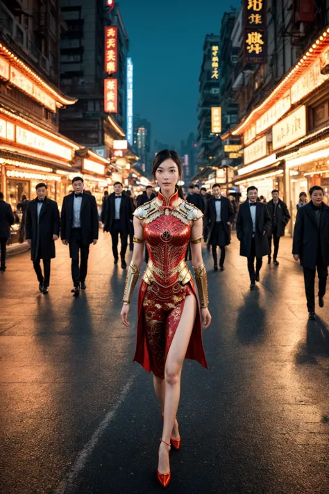 An adult Chinese fashion model wearing [short liquid sundress : elegant biomechanical armor :0.37],
an evening city street,
romantic, real life photo, film grain,
[[Sui He | Fei Fei Sun]:0.1]